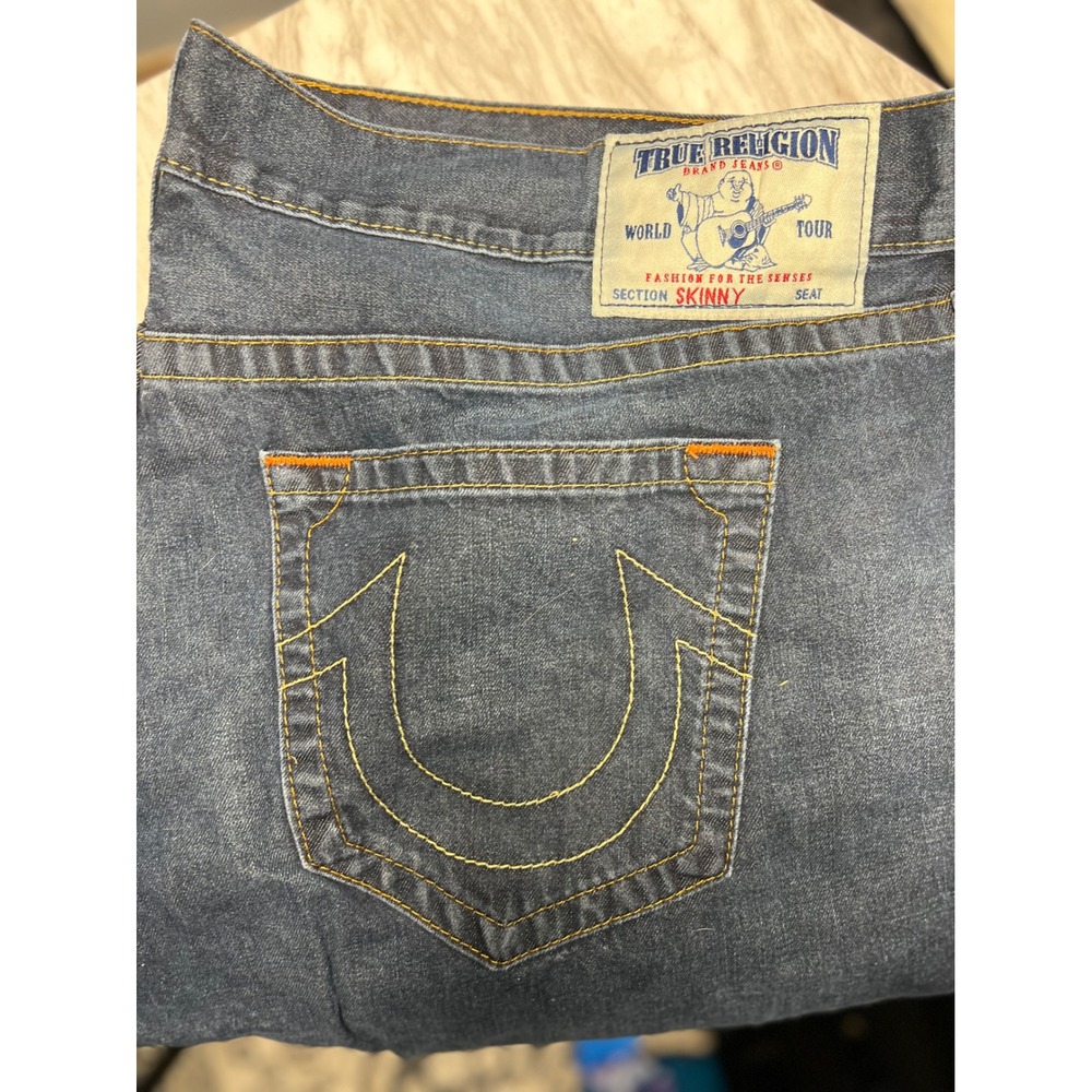 True Religion Skinny Jeans Mens 42x34 Dark Wash Denim Horseshoe Logo Blue - Picture 6 of 6